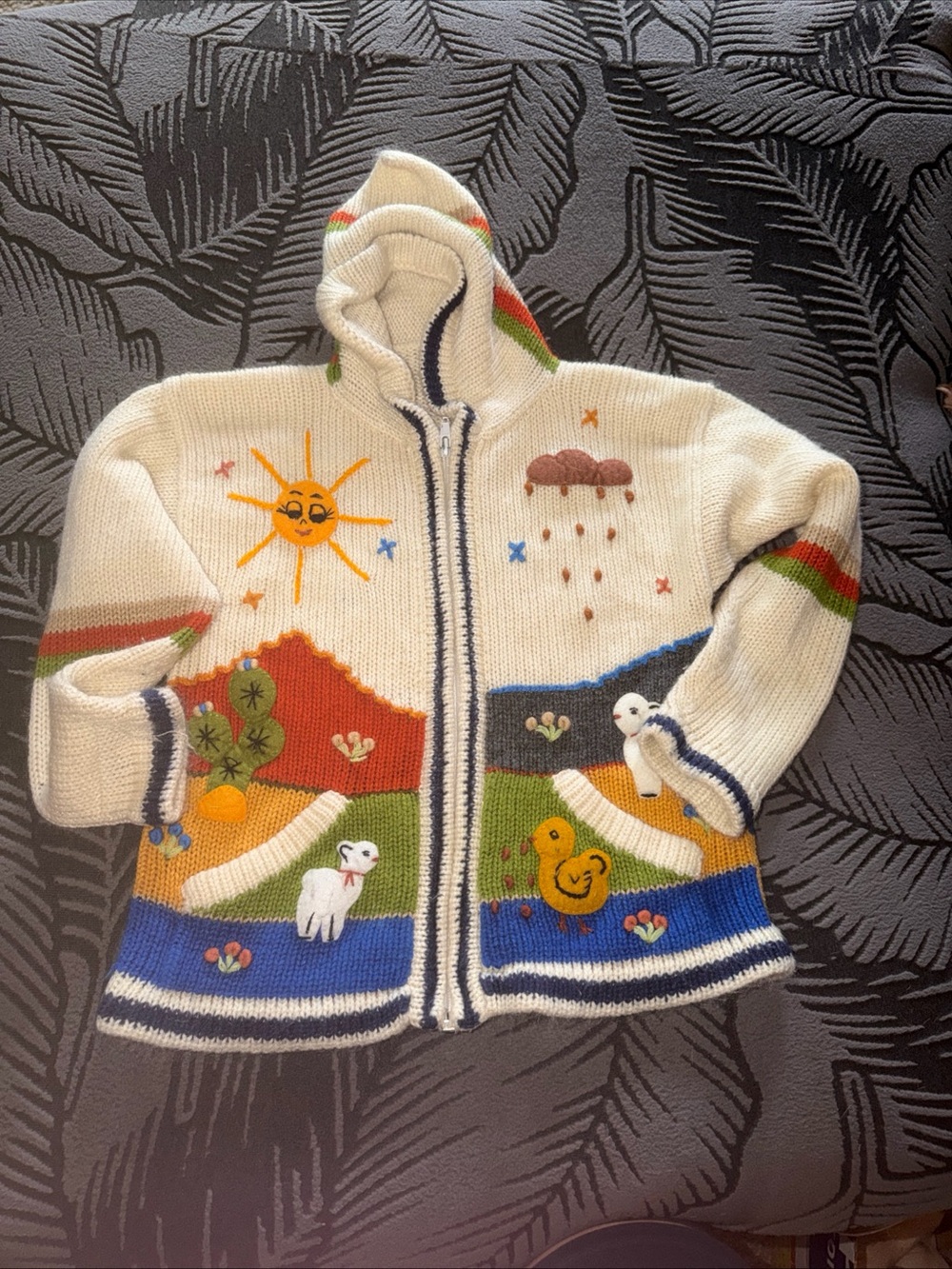 Cream Hooded Kids Zip Jacket with Colorful Nature Motifs